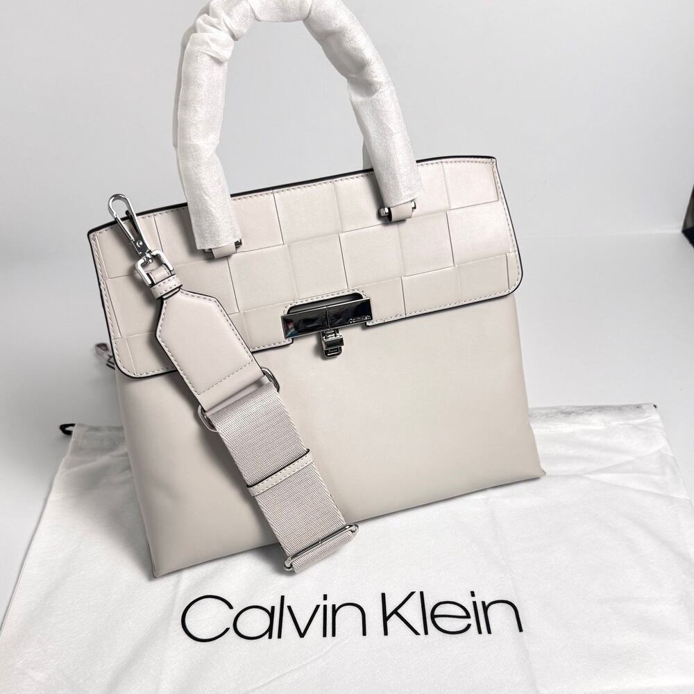 Calvin Klein Becky Turnlock Convertible Satchel Vegan Leather Dove Gray NWT - Picture 3 of 12